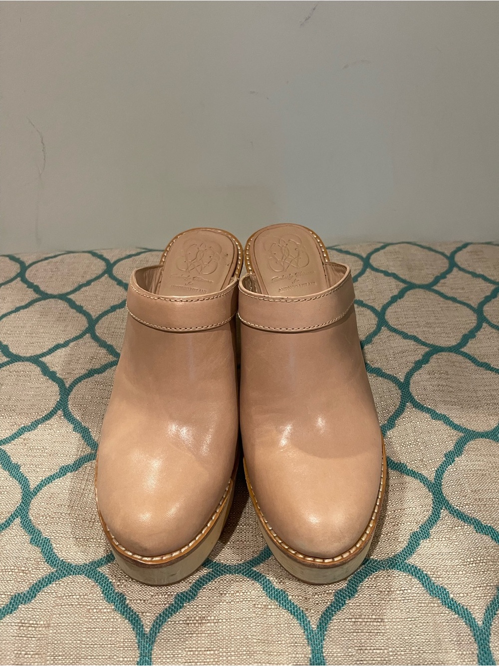 Women's Beige Leather Platform Clog Mules